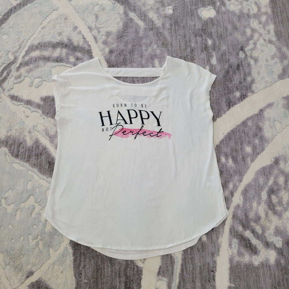 Reitmans Women's White 'Happy' Graphic Short Sleeve Tee with Pink Accent Size L